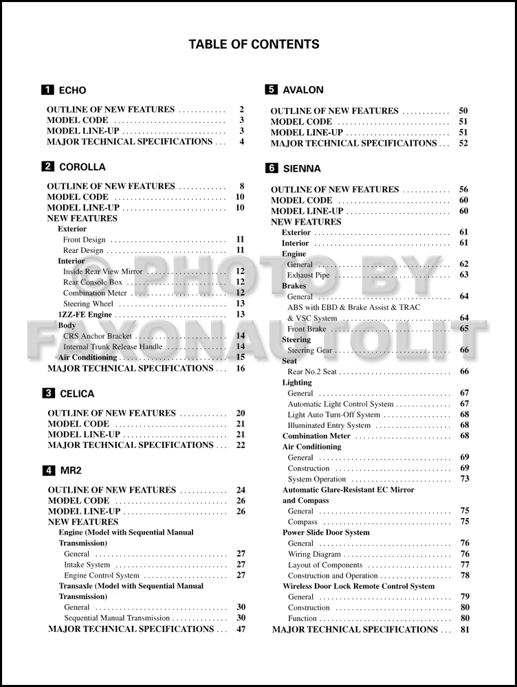 2001 Toyota Features Manual Original