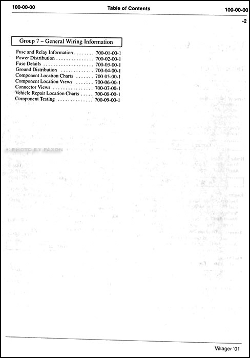 2001 Mercury Villager Wiring Diagram Manual Original