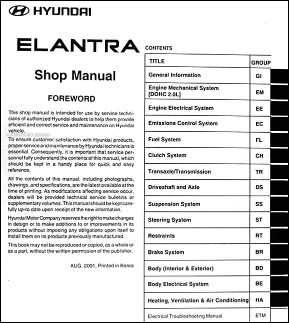 2002 Hyundai Elantra Repair Shop Manual Original