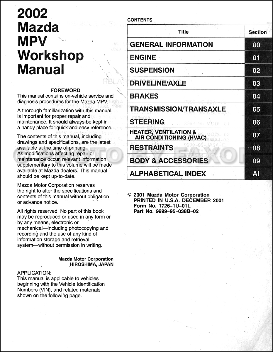 2002 Mazda MPV Repair Shop Manual Original · Table of Contents