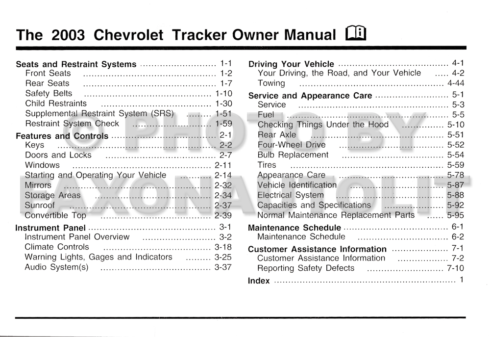 2003 Chevrolet Tracker Owner's Manual Original