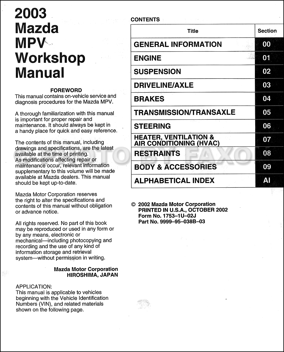 2003 Mazda Mpv Repair Shop Manual Original