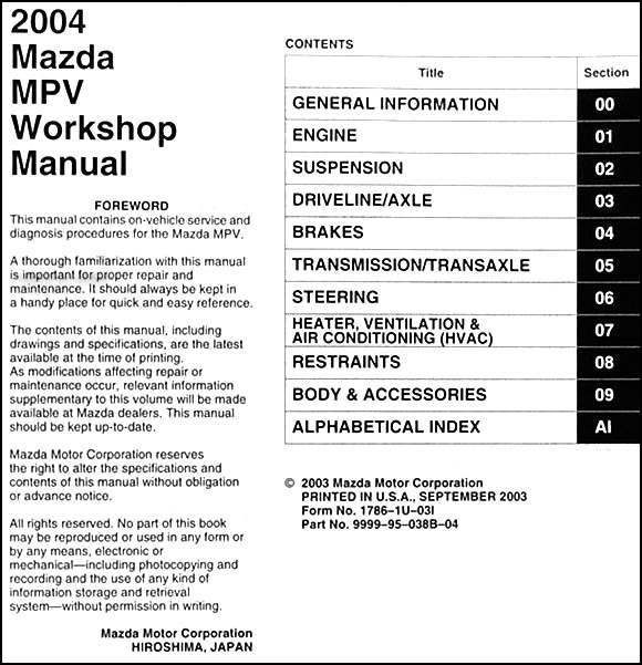 2004 Mazda Mpv Repair Shop Manual Original