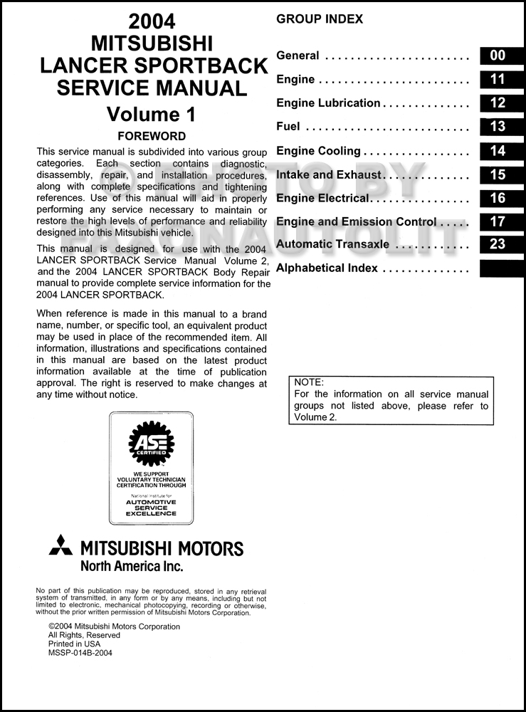 2004 Mitsubishi Lancer Sportback Repair Shop Manual Original 2 Volume set