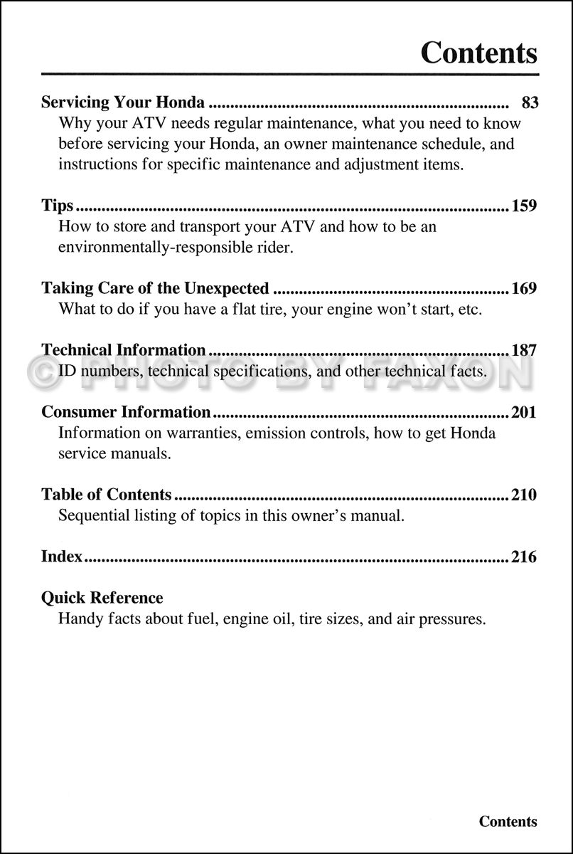 2005 Honda FourTrax 350 ES ATV Owner's Manual Original · Table of Contents  Page 1 ·