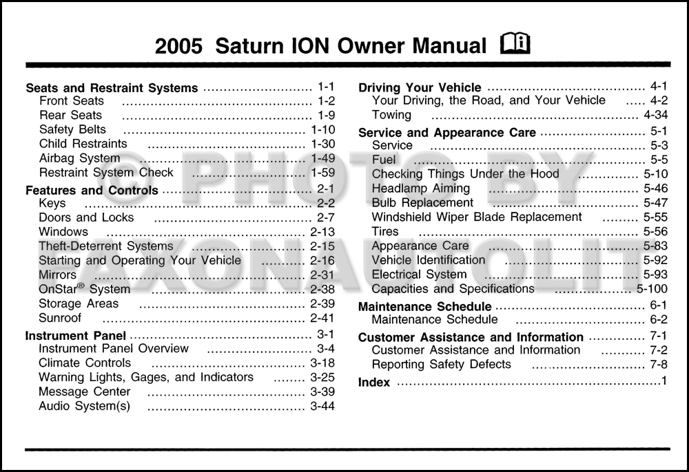2005 Saturn Ion Owner's Manual Original