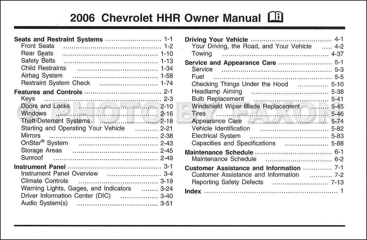2006 Chevrolet HHR Owner's Manual Original · Table of Contents