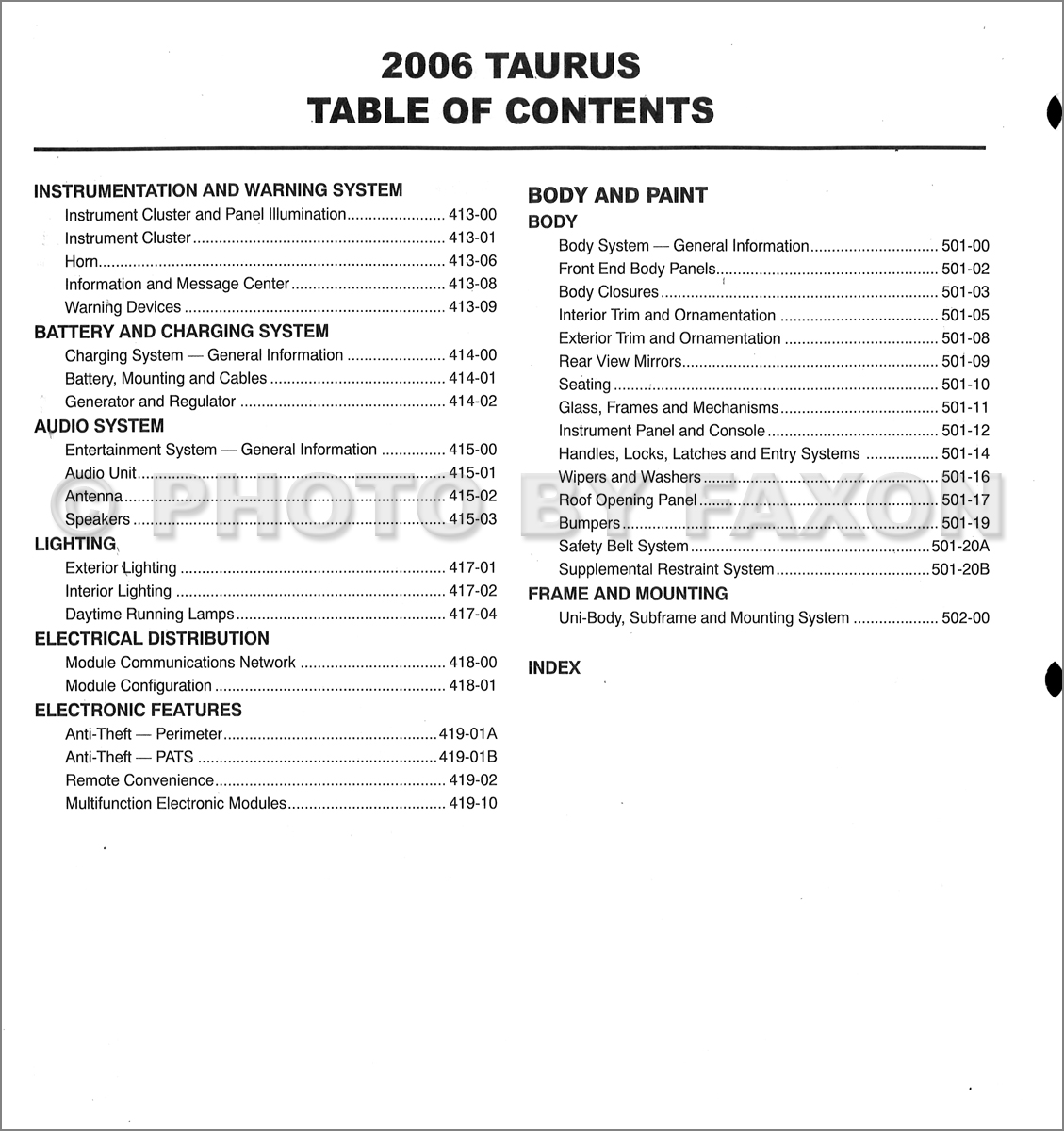 2006 Ford Taurus Shop Manual Original · Table of Contents Page 1 · Table of Contents Page 2