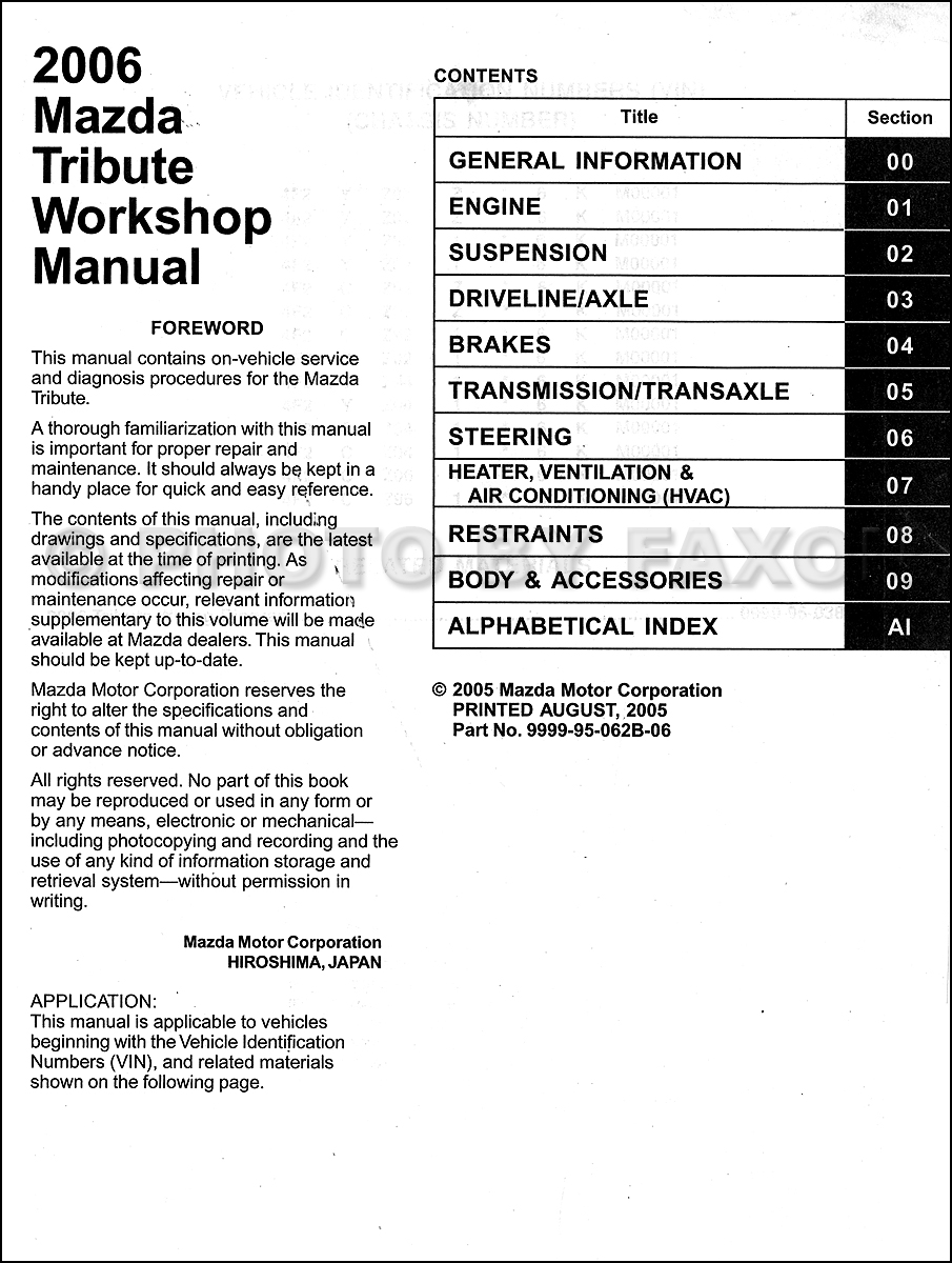 2006 Mazda Tribute Repair Shop Manual Original