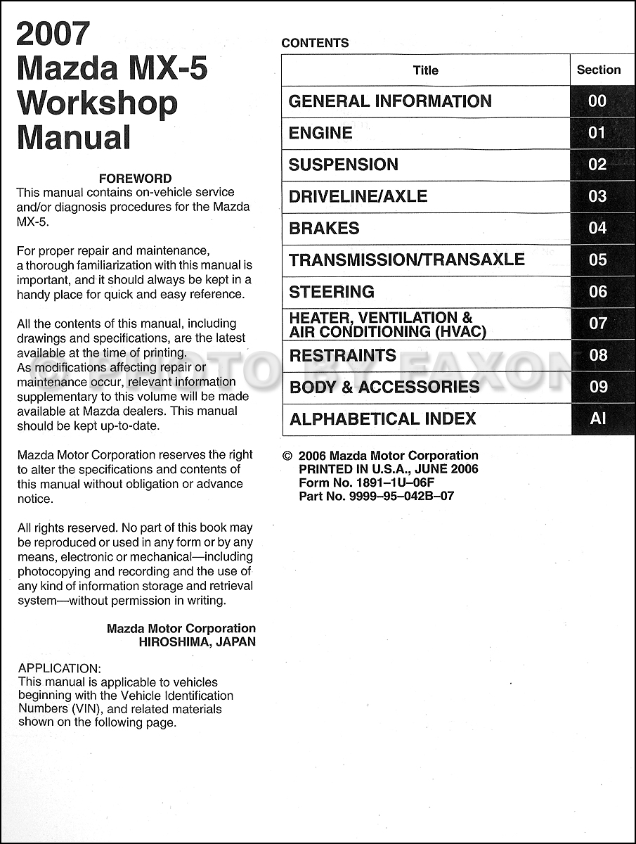 2007 Mazda MX5 Miata Repair Shop Manual Original