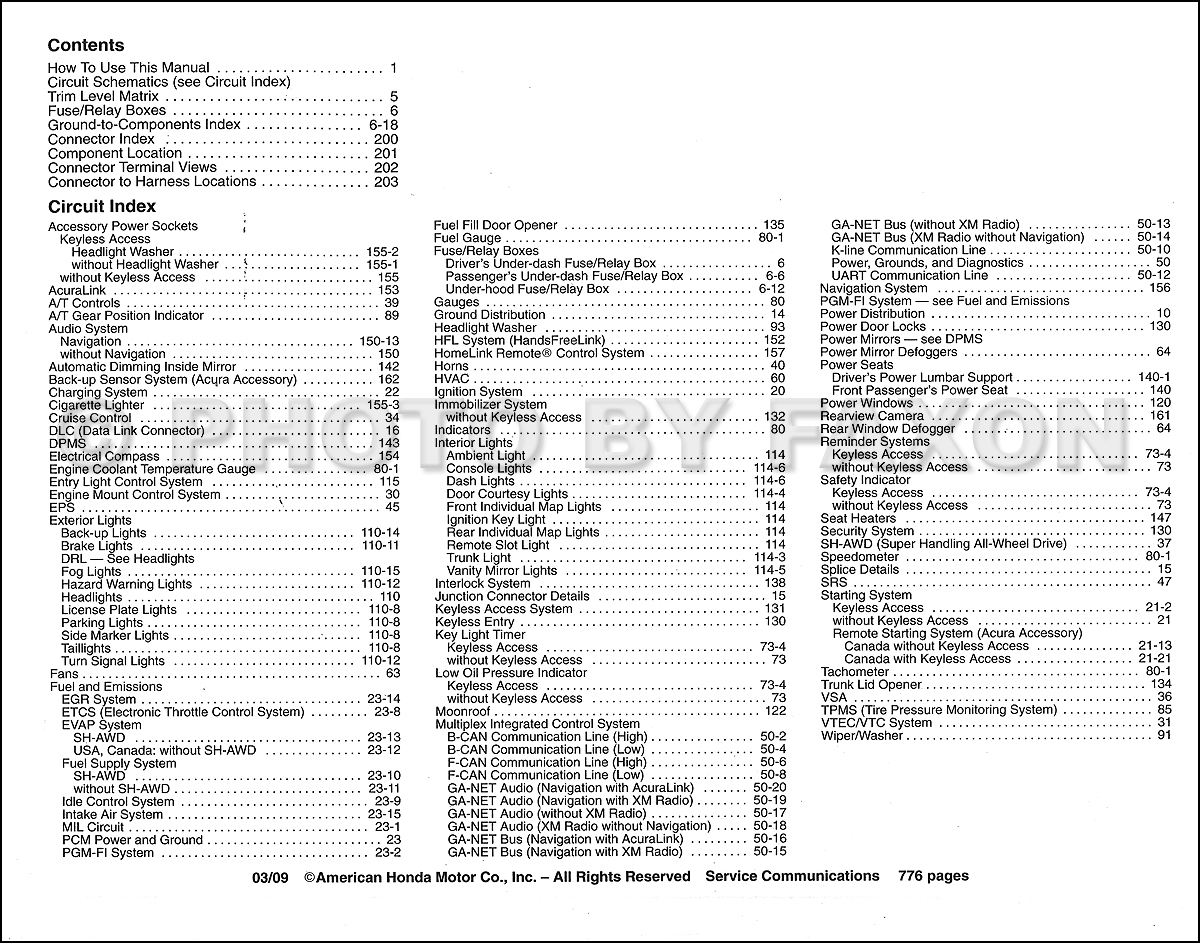 2009 Acura TL Electrical Troubleshooting Manual Original · Table of Contents