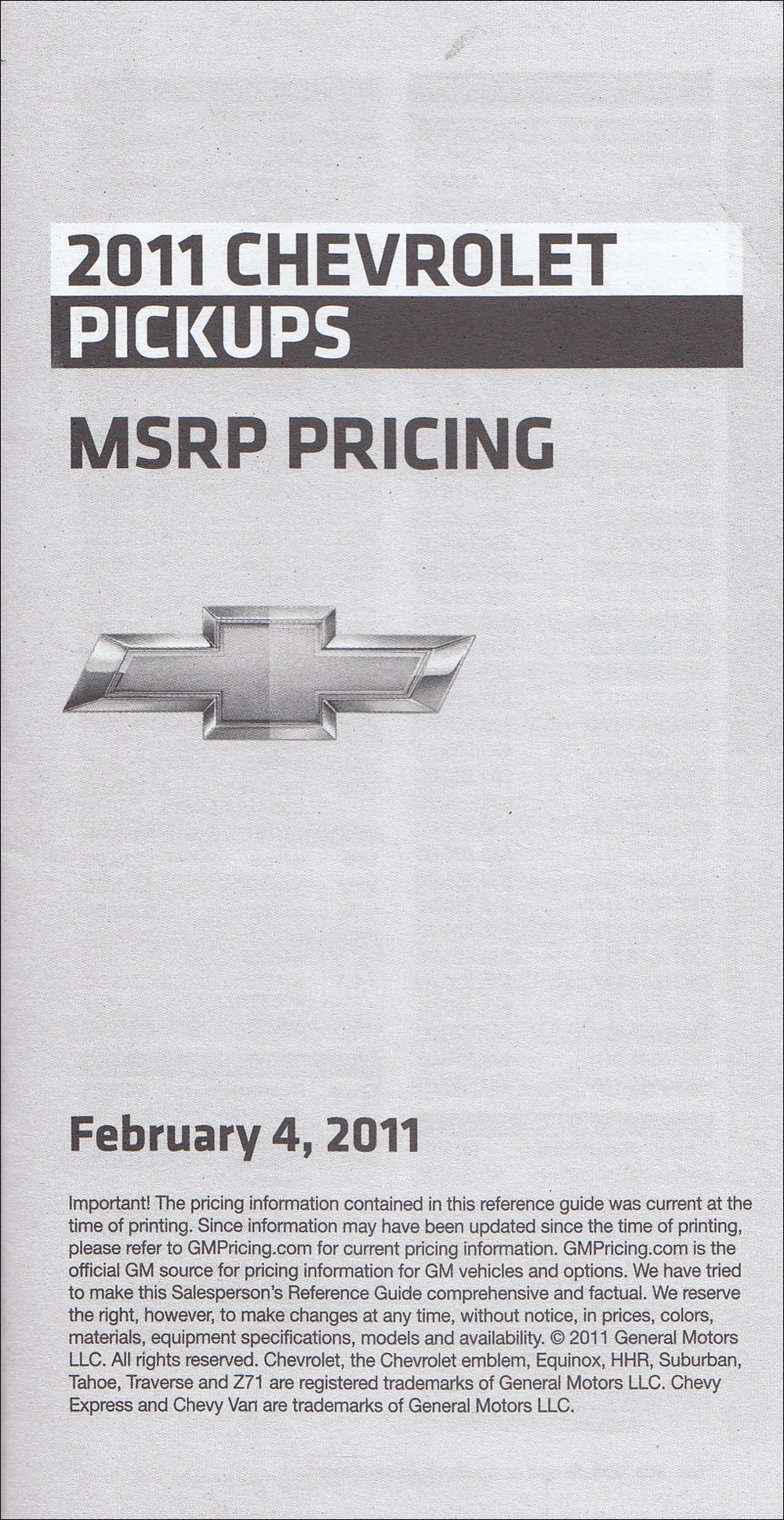 2011 Chevrolet Pickup Price List Dealer Album Original Insert