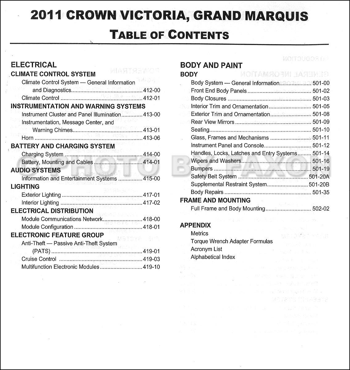 2011 Ford Crown Victoria Mercury Grand Marquis Repair Shop Manual Original  · Table of Contents Page 1 · Table of Contents Page 2