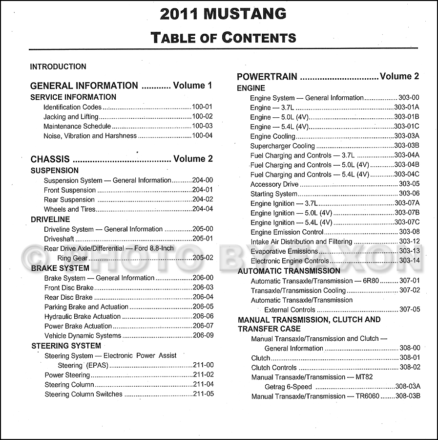 2011 Ford Mustang Repair Shop Manual Original 2 Volume Set · Table of Contents Page 1