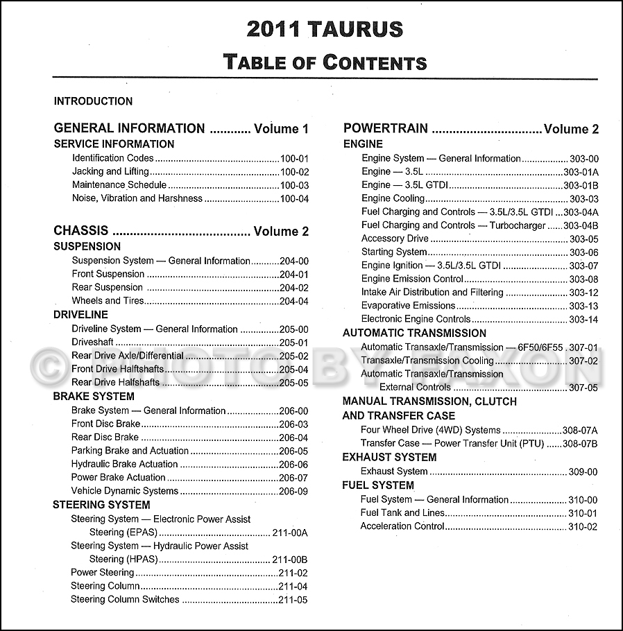2011 Ford Taurus Repair Shop Manual Original 2 Volume Set · Table of Contents Page 1