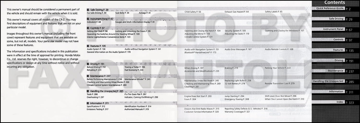 2011 Honda CR-Z Owner's Manual Original