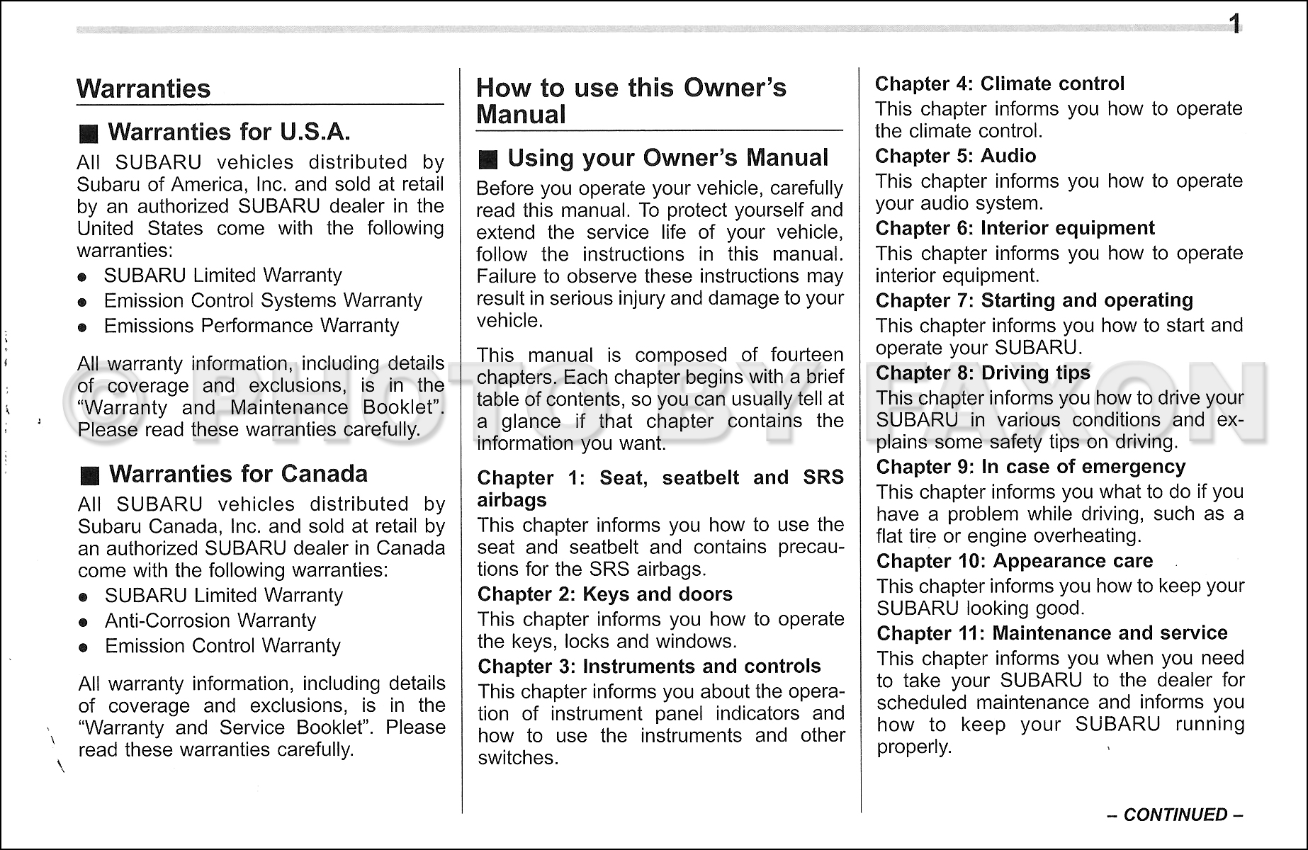 2012 Subaru Legacy and Outback Owner's Manual Original · Table of Contents  Page 1