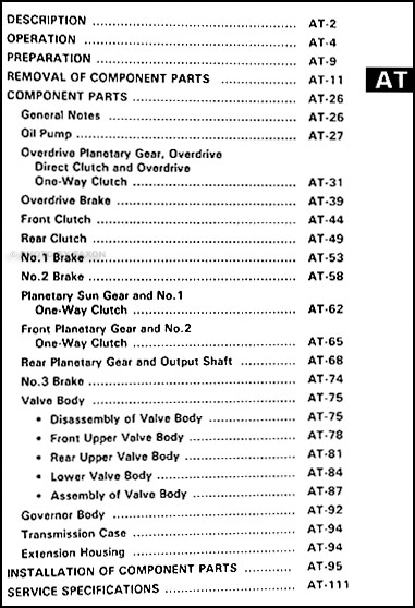 1992 Toyota 2WD 4 Cyl. Truck Automatic Transmission Repair Shop Manual